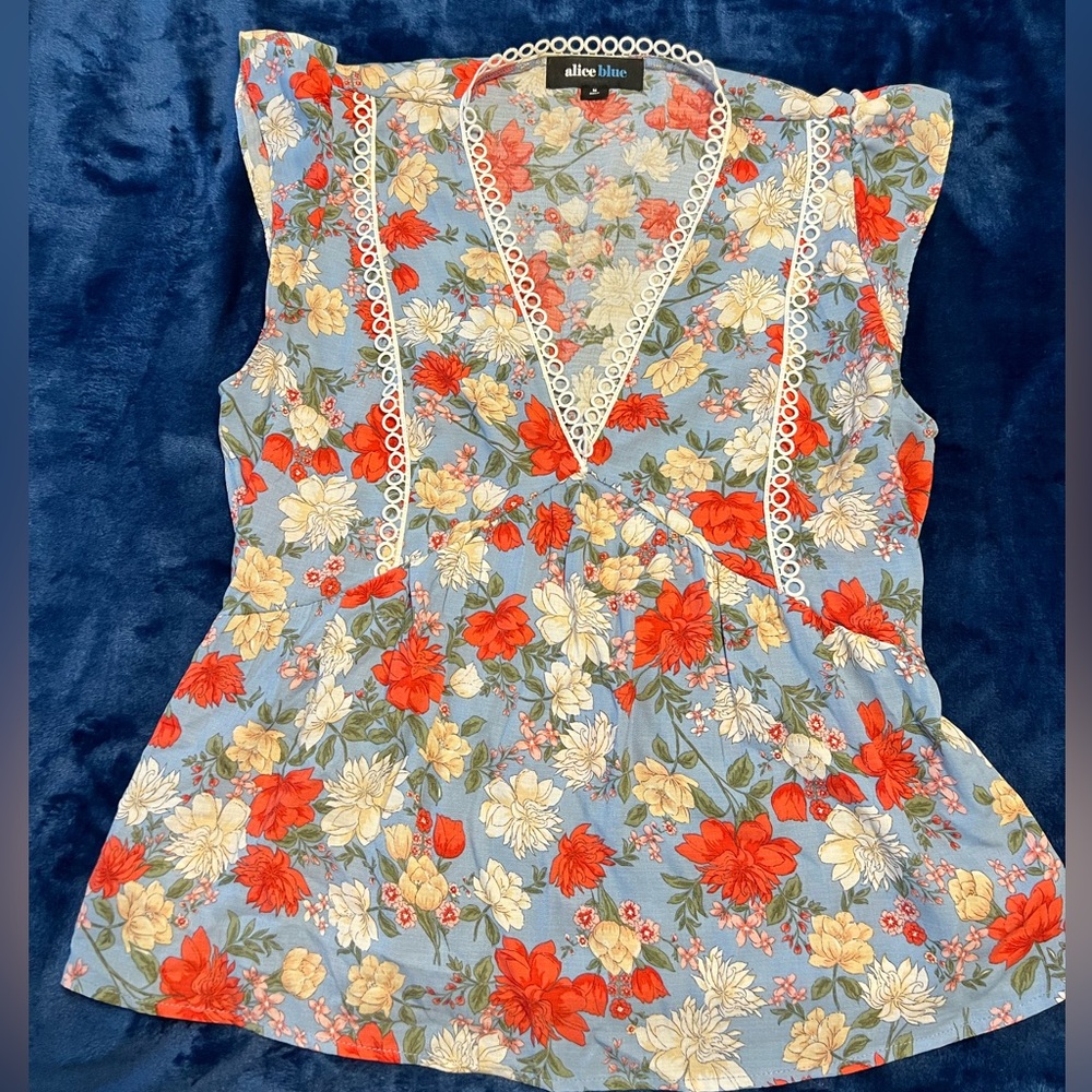 Alice Blue Floral Blouse - Blue and Red